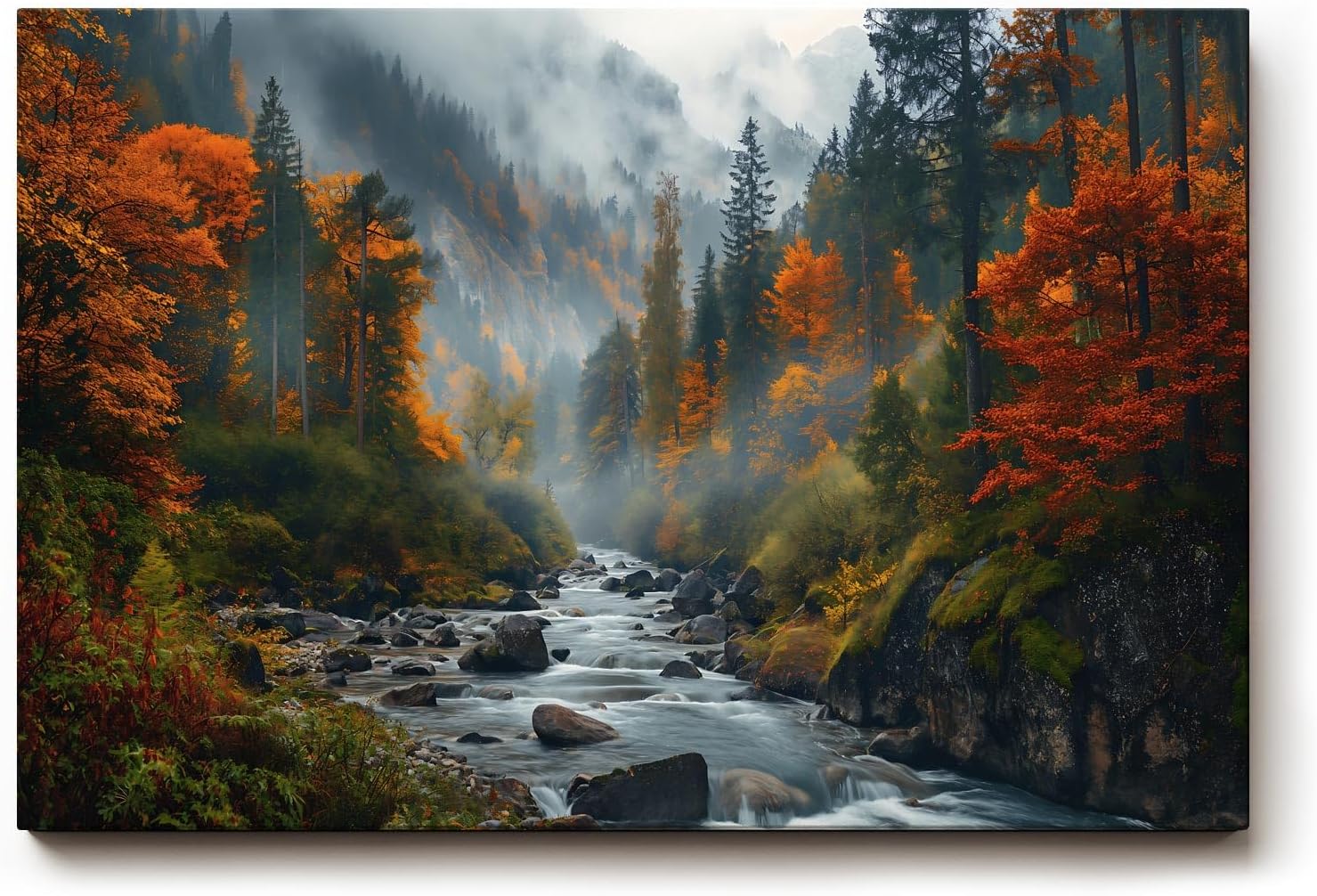 Sinus Art Wandbild 120x80cm Stimmungsvolles Naturmotiv mit fließendem Bach im nebelverhangenen Herbstwald – lebendig und tiefgründig