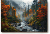 Sinus Art Wandbild 120x80cm Stimmungsvolles Naturmotiv mit fließendem Bach im nebelverhangenen Herbstwald – lebendig und tiefgründig