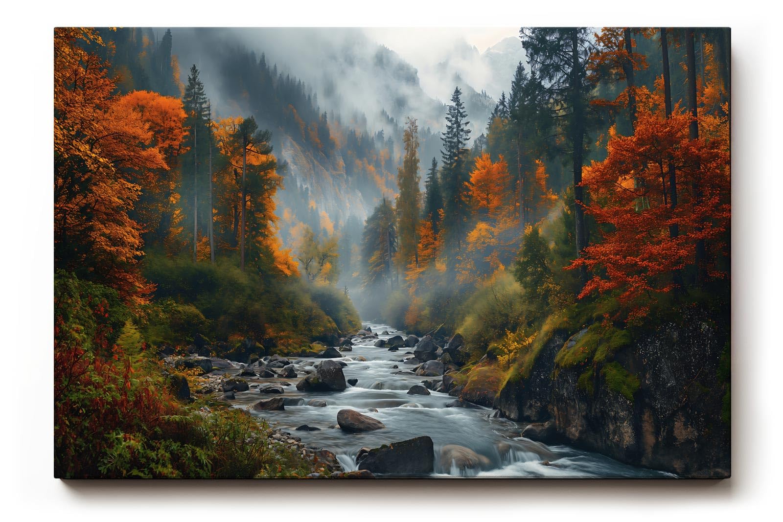 Sinus Art Wandbild 120x80cm Stimmungsvolles Naturmotiv mit fließendem Bach im nebelverhangenen Herbstwald – lebendig und tiefgründig