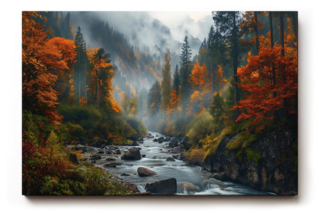 Sinus Art Wandbild 120x80cm Stimmungsvolles Naturmotiv mit fließendem Bach im nebelverhangenen Herbstwald – lebendig und tiefgründig