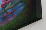 Sinus Art Wandbild 120x80cm Blühender Kirschbaum am Wasser im Mondlicht zwischen dunklen Bäumen für magische Wirkung