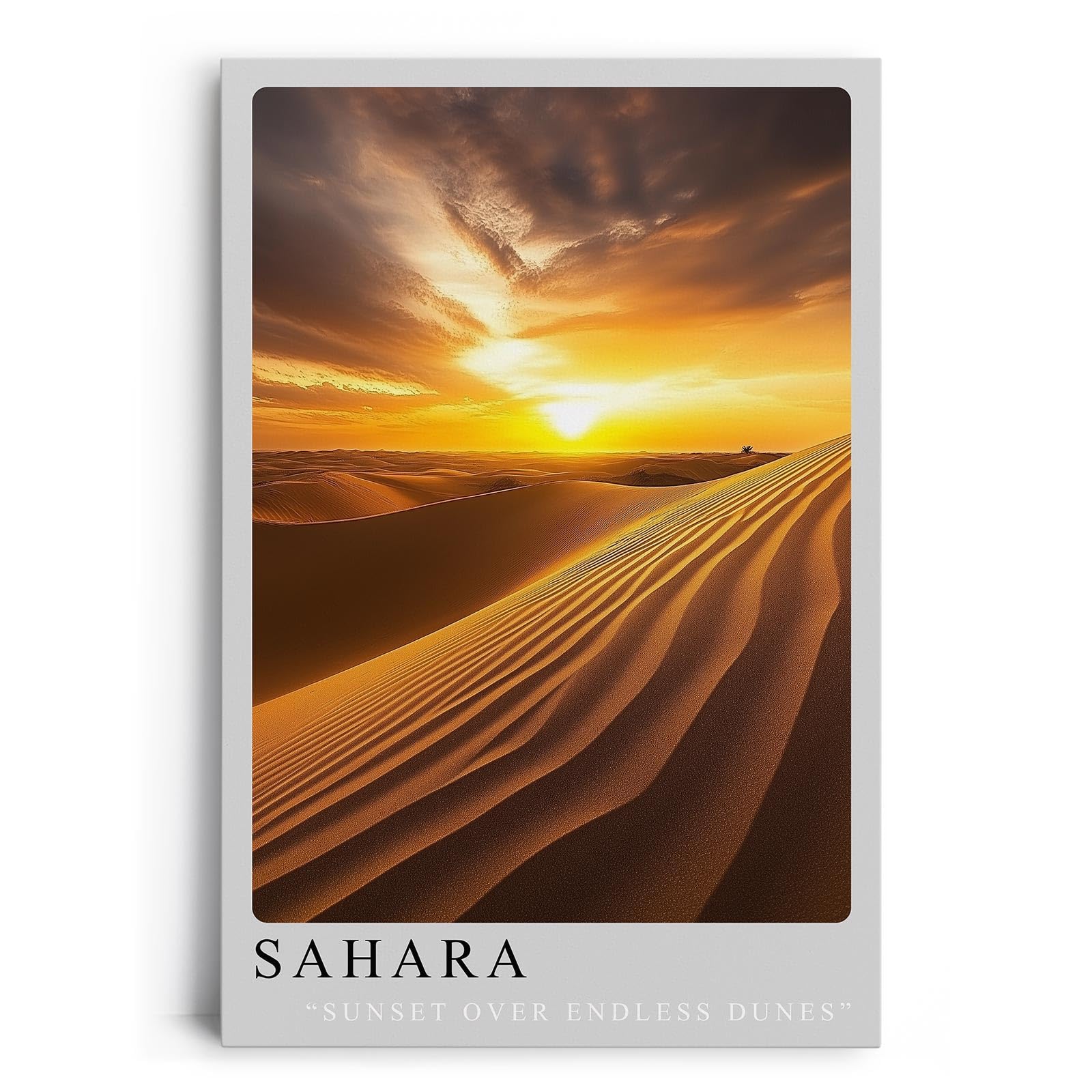 Paul Sinus Leinwandbild 60x90cm Leinwandbild Sahara Wüste Sonnenuntergang Dünen Landschaft Natur goldene Farben endlose Weite Fernweh Magie Atmosphäre