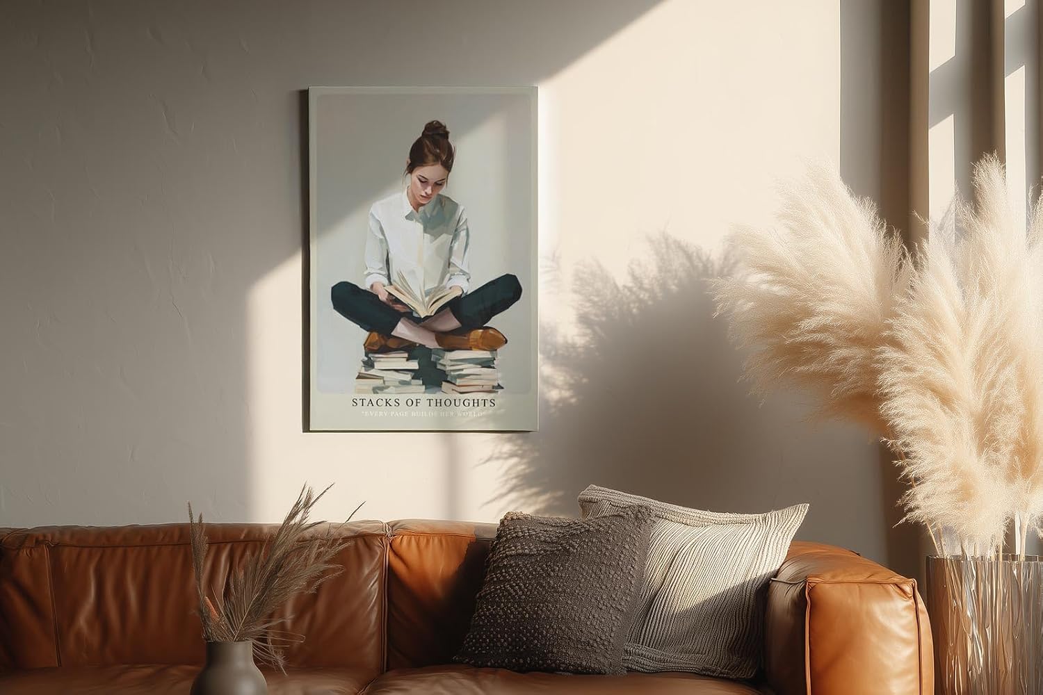 Paul Sinus Wandbild in 40x60cm Stacks of Thoughts – Poetisches Porträt einer jungen Frau, sitzend auf Bücherstapeln und lesend, moderne Bilder in warmen Farbtönen, ruhig und inspirierend