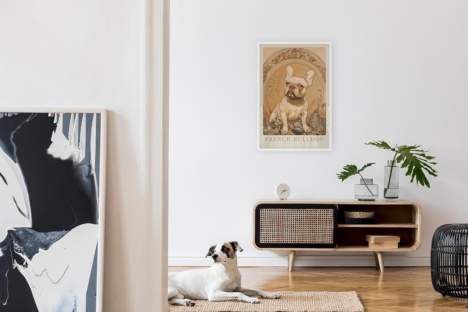 Paul Sinus Leinwandbild 40x60cm French Bulldog – Edles Leinwandbild einer französischen Bulldogge in kunstvollem Jugendstil-Rahmen, warmes Vintage-Design