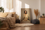 Paul Sinus Wandbild in 40x60cm The Stillness Inside Serene Woman in White Dress with Eyes Closed in Peaceful Minimalist Setting