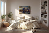 Sinus Art Wandbild 120x80cm Moderne Skyline spiegelt sich im Wasser bei untergehender Sonne – urbanes Highlight