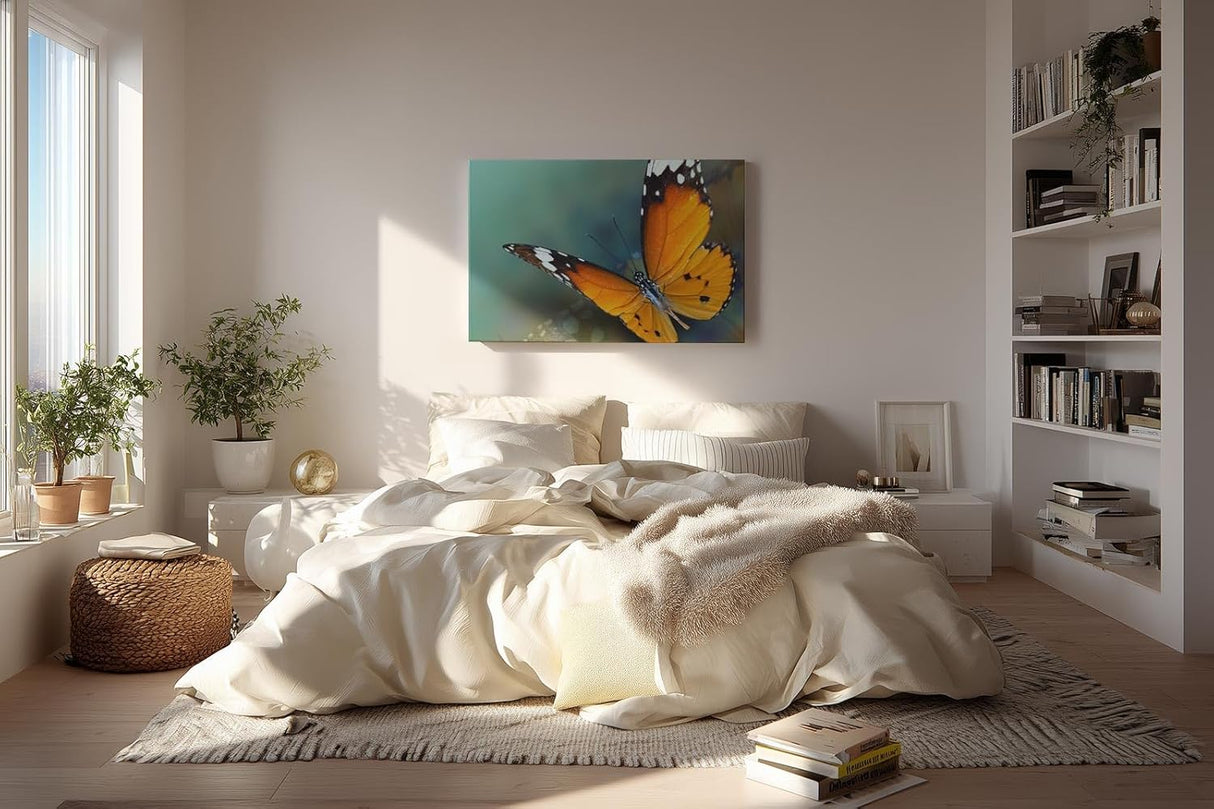 Sinus Art Wandbild 120x80cm Detaillierte Nahaufnahme eines orangefarbenen Schmetterlings mit harmonischer Komposition