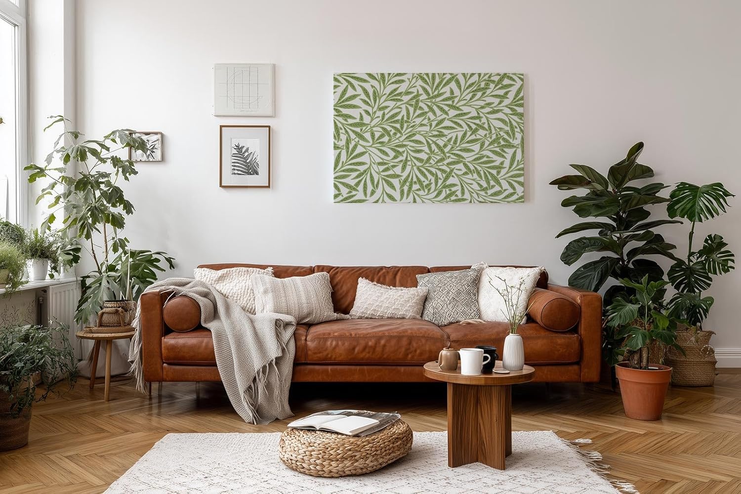 Sinus Art Wandbild 120x80cm Feines Muster aus grünen Blättern auf hellem Grund für natürliche Leichtigkeit