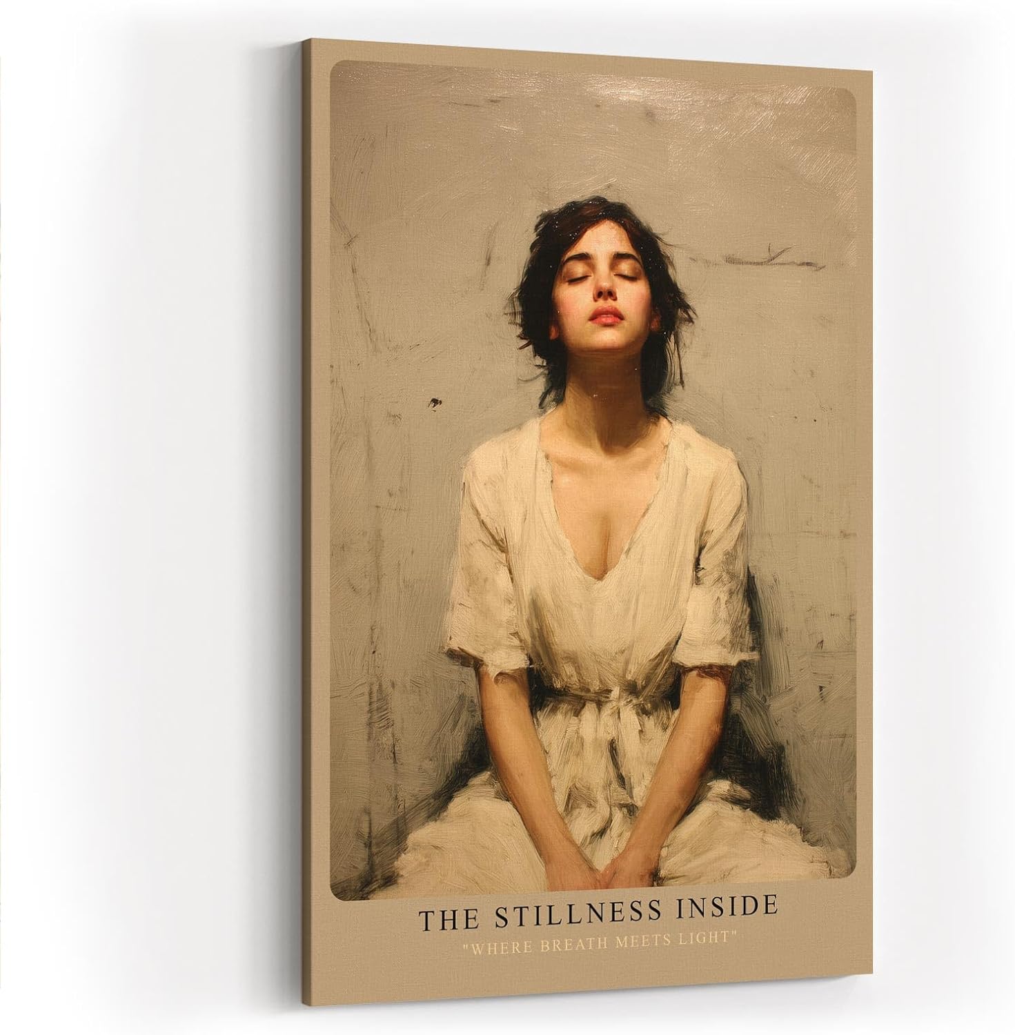 Paul Sinus Wandbild in 40x60cm The Stillness Inside Serene Woman in White Dress with Eyes Closed in Peaceful Minimalist Setting