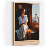 Paul Sinus Wandbild in 40x60cm A Rendezvous in Paris – Frau im Zug mit Blick auf den Eiffelturm, romantische Stadtszene im warmen Licht