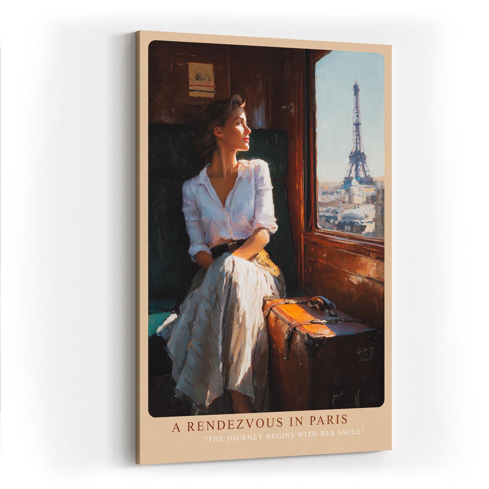 Paul Sinus Wandbild in 40x60cm A Rendezvous in Paris – Frau im Zug mit Blick auf den Eiffelturm, romantische Stadtszene im warmen Licht