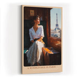 Paul Sinus Wandbild in 40x60cm A Rendezvous in Paris – Frau im Zug mit Blick auf den Eiffelturm, romantische Stadtszene im warmen Licht