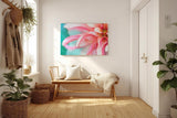 Sinus Art Wandbild 120x80cm Detailreiche Nahaufnahme einer rosafarbenen Dahlie mit geschwungenen Blütenblättern