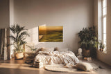 Sinus Art Wandbild 120x80cm Wellenartige Hügel im goldenen Licht der untergehenden Sonne mit weitem Horizont