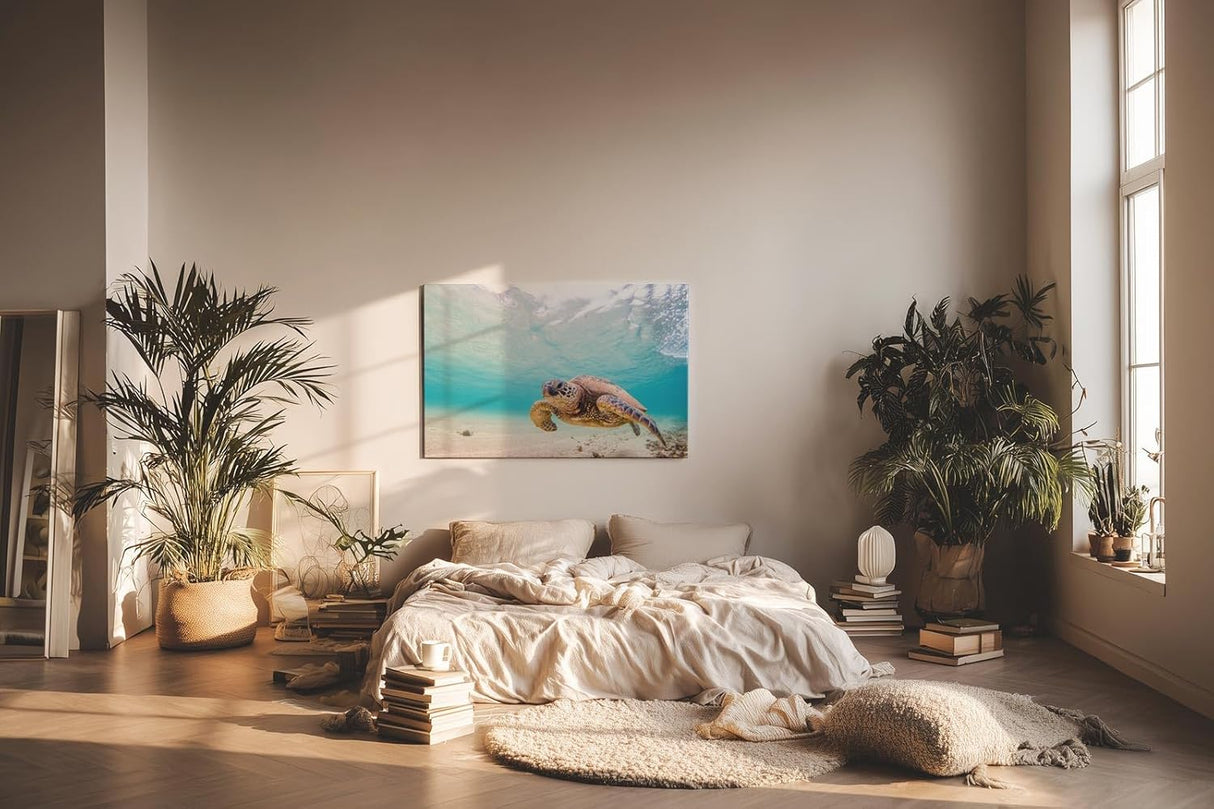 Sinus Art Wandbild 120x80cm Detailreiche Aufnahme einer Schildkröte im klaren Ozean für entspannte Raumwirkung