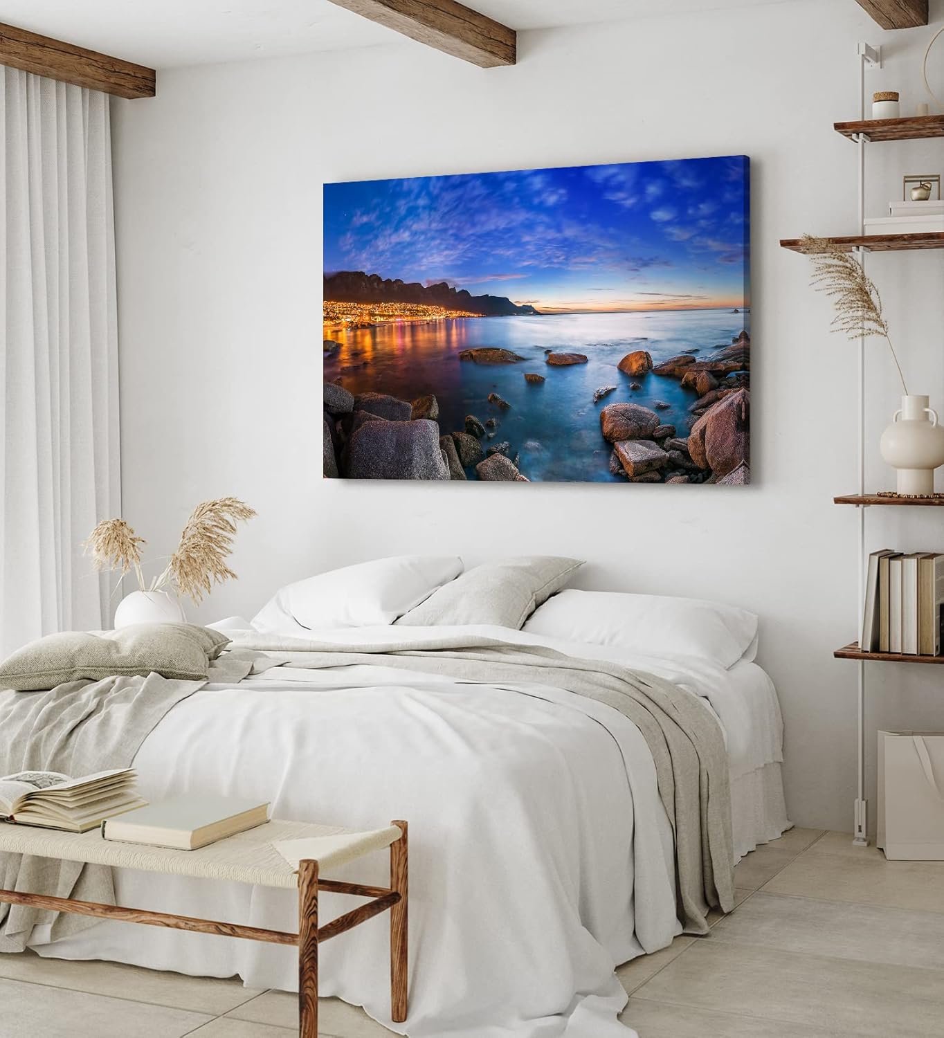Paul Sinus Wandbild 120x80cm Küstenstadt Meer Felsen Stadtlichter Berge Abenddämmerung