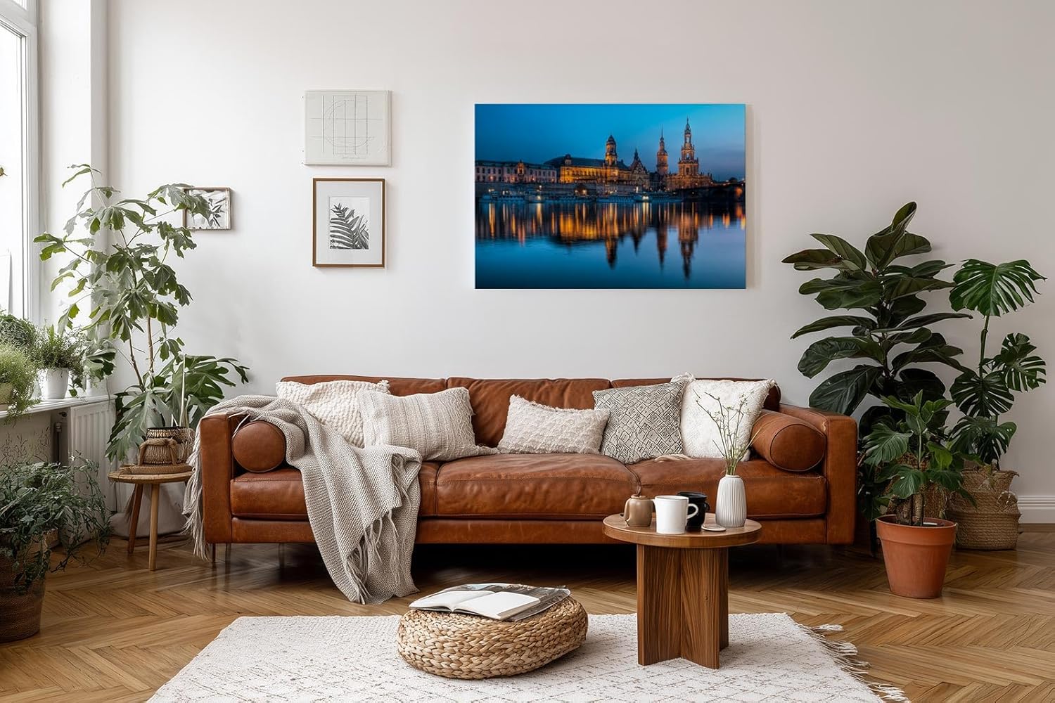Sinus Art Wandbild 120x80cm Beleuchtete Sehenswürdigkeiten der Dresdner Altstadt im Spiegelbild der Elbe zur blauen Stunde