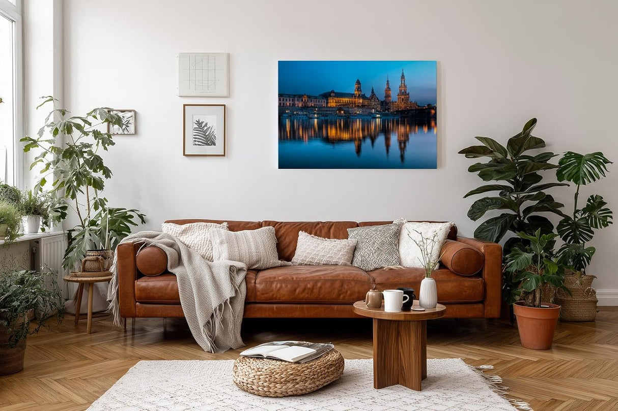 Sinus Art Wandbild 120x80cm Beleuchtete Sehenswürdigkeiten der Dresdner Altstadt im Spiegelbild der Elbe zur blauen Stunde