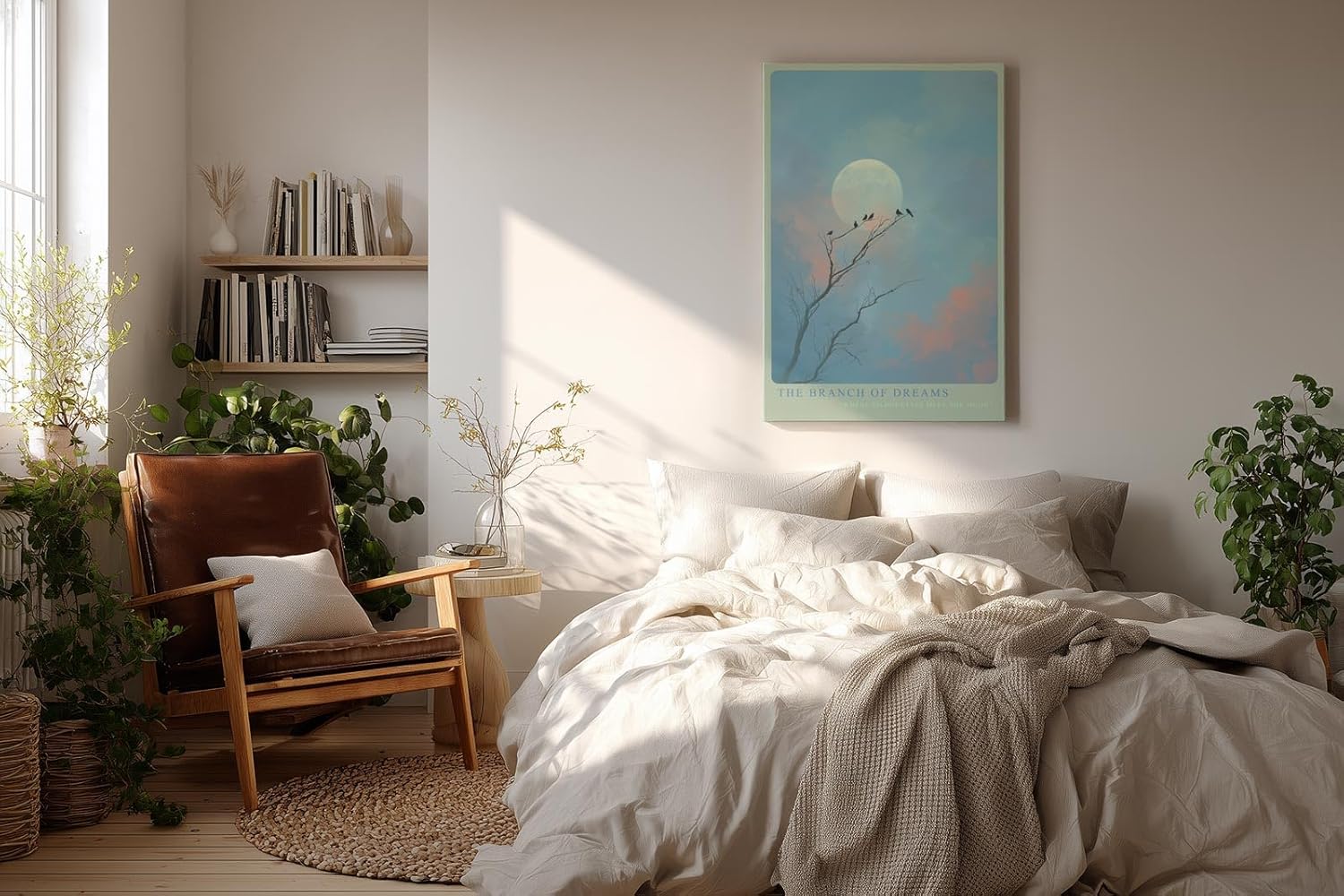 Paul Sinus Wandbild in 40x60cm The Branch of Dreams Traumhafte Landschaft mit Vögeln auf Zweigen vor großem Mond in pastellfarbenem Himmel