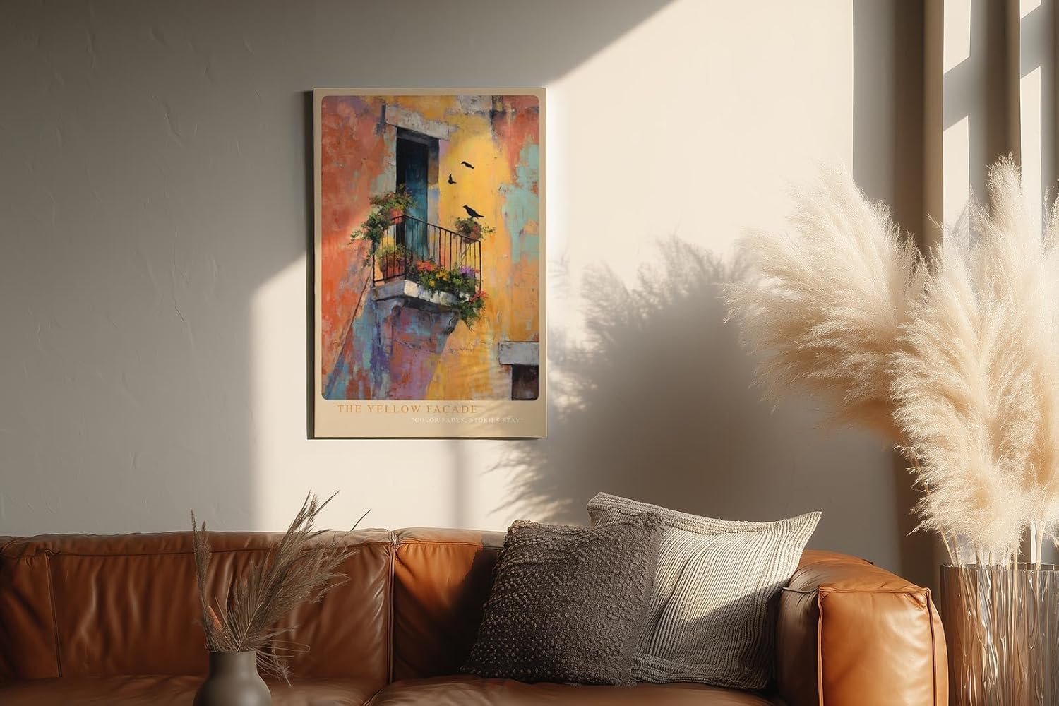 Paul Sinus Wandbild in 40x60cm The Yellow Facade – Mediterrane Balkonszene mit leuchtend gelber Fassade und verspielten Details in impressionistischem Stil