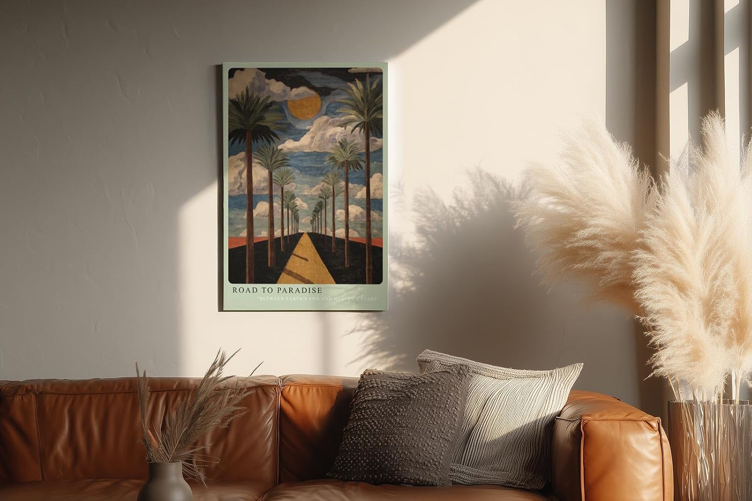 Paul Sinus Wandbild in 40x60cm Road to Paradise mit goldener Straße, Palmenallee und dramatischem Himmel für eindrucksvolle Raumgestaltung