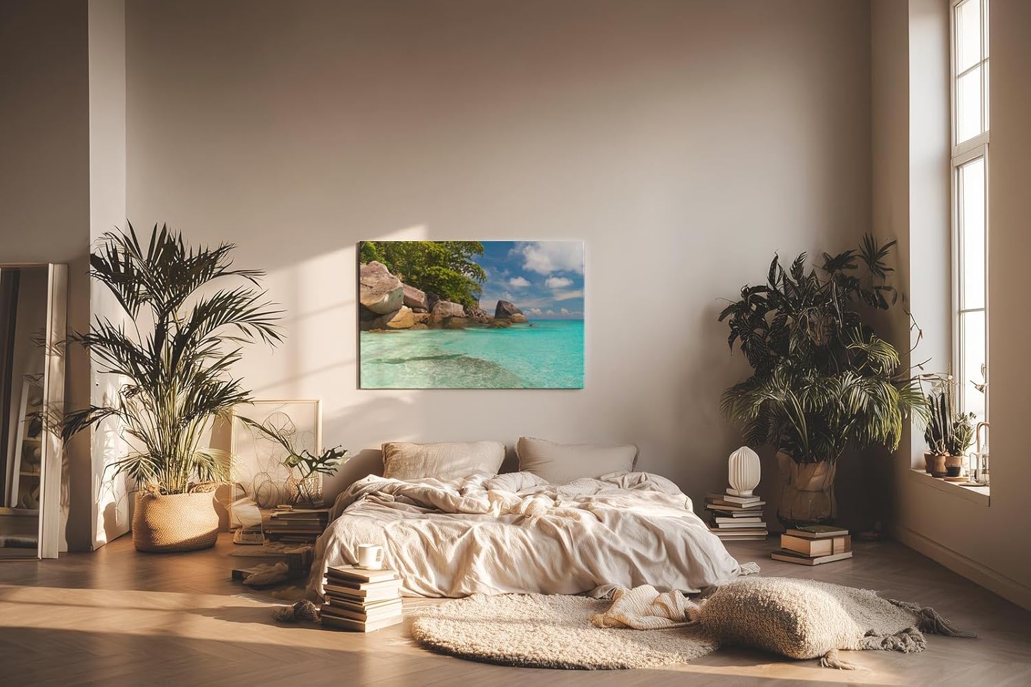 Sinus Art Wandbild 120x80cm Feinsandiger Strand mit Felsen und türkisfarbenem Wasser – paradiesisch und entspannend