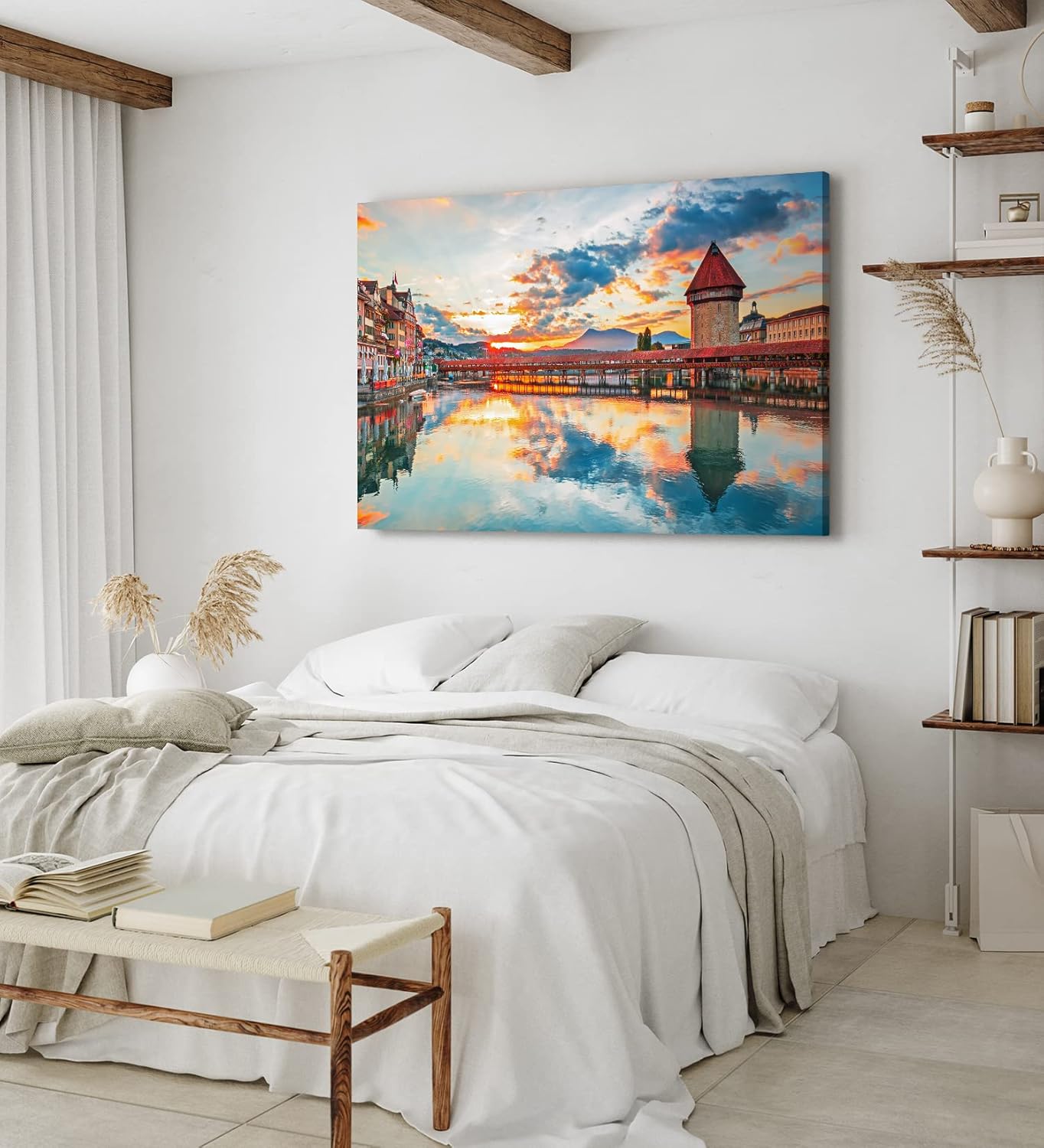 Paul Sinus Wandbild 120x80cm Vierwaldstättersee Luzern Schweiz Holzbrücke Sonnenuntergang
