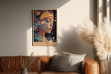 Paul Sinus Wandbild in 40x60cm The Astral Veil Künstlerisches Frauenporträt mit kosmischen Elementen und goldenen Akzenten für mystische Raumgestaltung