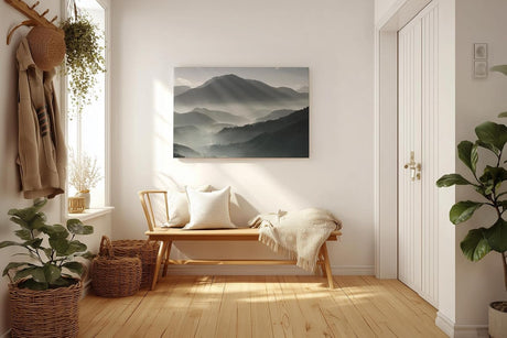 Sinus Art Wandbild 120x80cm Faszinierende Lichtstrahlen durchdringen den Morgennebel über mystischen Berglandschaften