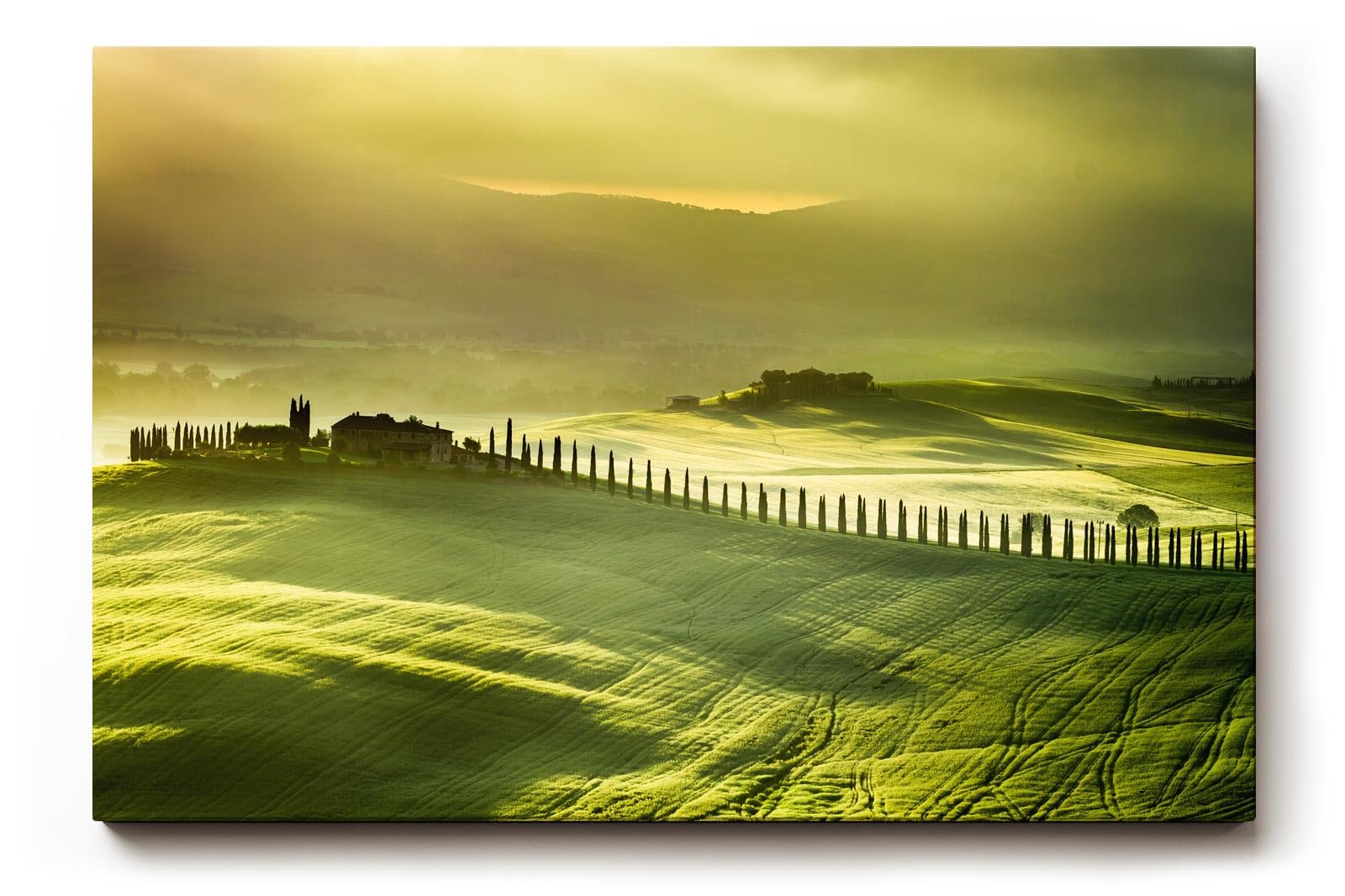 Sinus Art Wandbild 120x80cm Tief liegendes Licht über grünen Hügeln mit typischer Zypressenallee und Bauernhof