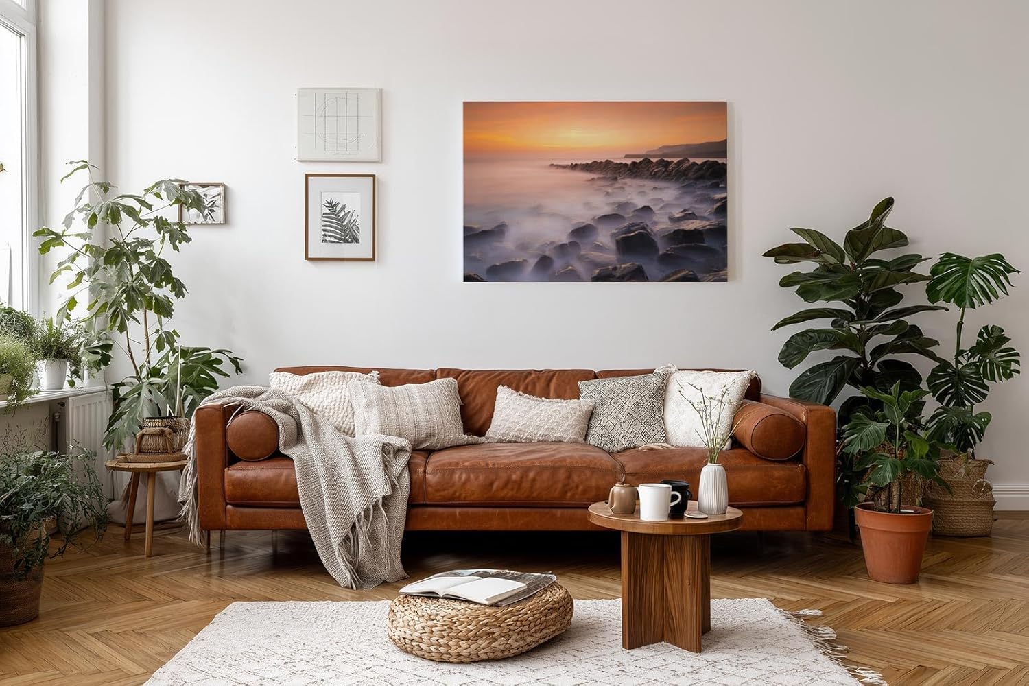Sinus Art Wandbild 120x80cm Vernebelte Felsküste mit warmem Sonnenlicht – beruhigend und ästhetisch