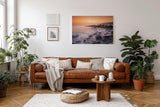 Sinus Art Wandbild 120x80cm Vernebelte Felsküste mit warmem Sonnenlicht – beruhigend und ästhetisch