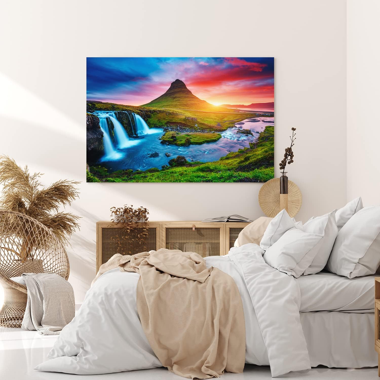 Paul Sinus Wandbild 120x80cm Island Landschaft Berg Wasserfall Grün Sonnenuntergang