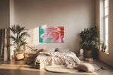 Sinus Art Wandbild 120x80cm Detailreiche Nahaufnahme einer rosafarbenen Dahlie mit geschwungenen Blütenblättern