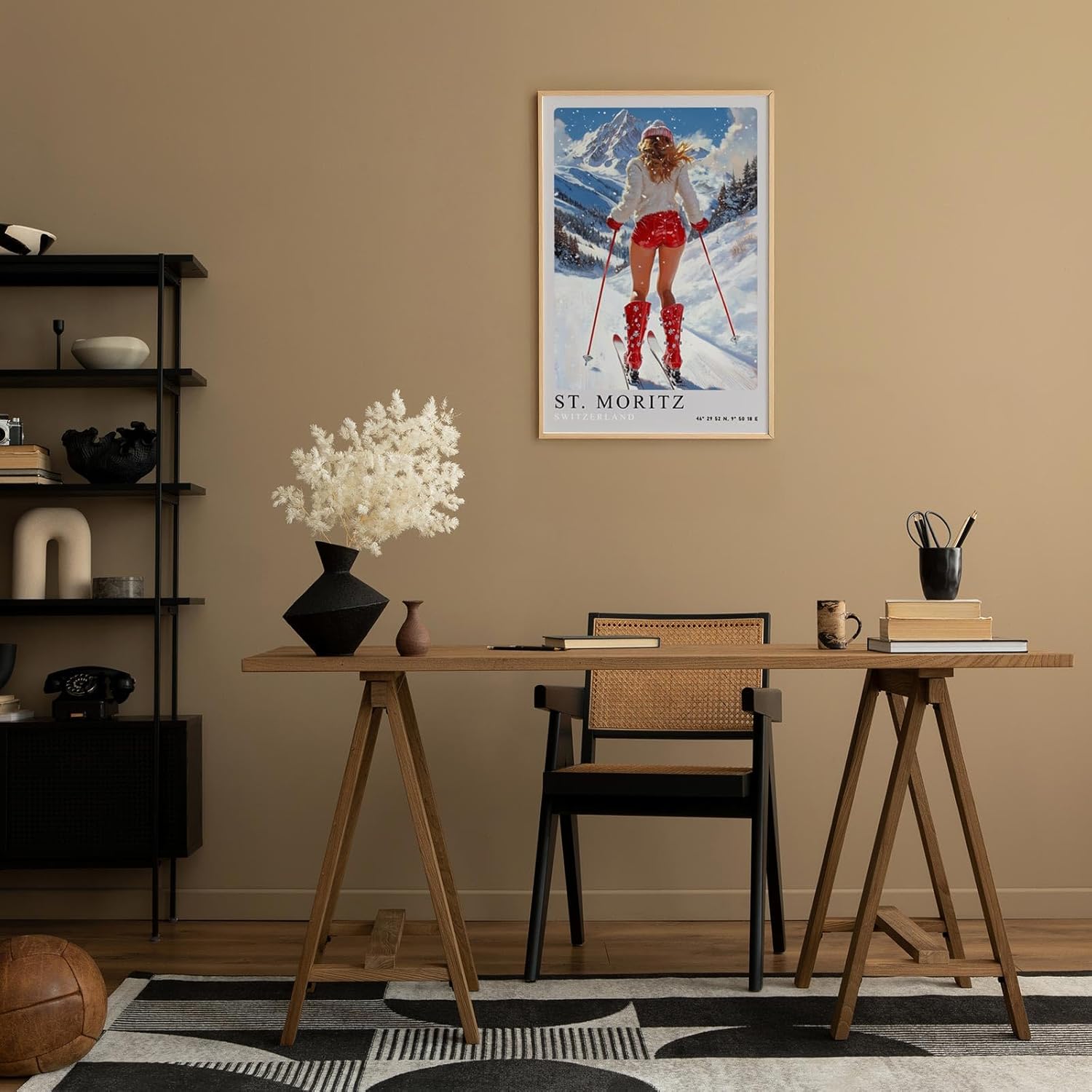 Paul Sinus Leinwandbild 60x90cm Leinwandbild St. Moritz Skifahren Winterzauber Alpen stilvolle Eleganz sportliche Ästhetik luxuriöser Lifestyle Retro