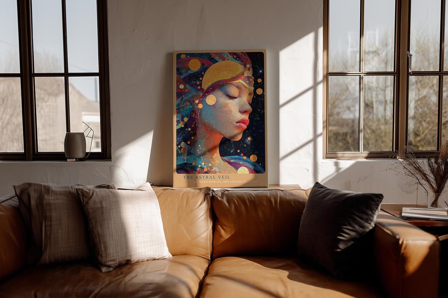 Paul Sinus Wandbild in 40x60cm The Astral Veil Künstlerisches Frauenporträt mit kosmischen Elementen und goldenen Akzenten für mystische Raumgestaltung