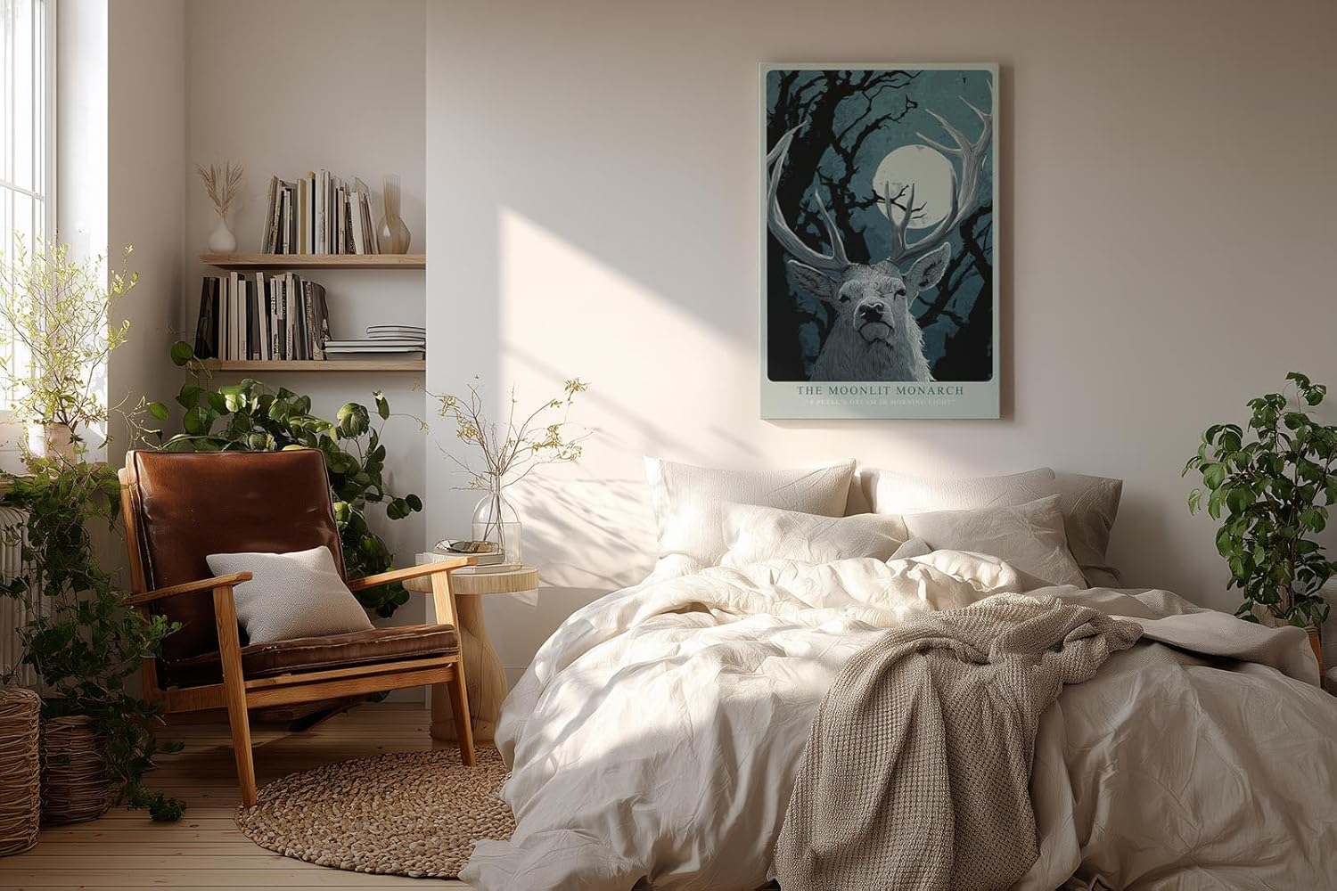 Paul Sinus Wandbild in 40x60cm The Moonlit Monarch – stolzer Hirsch unter dem Mondlicht, kunstvolle Waldillustration in tiefen Blautönen