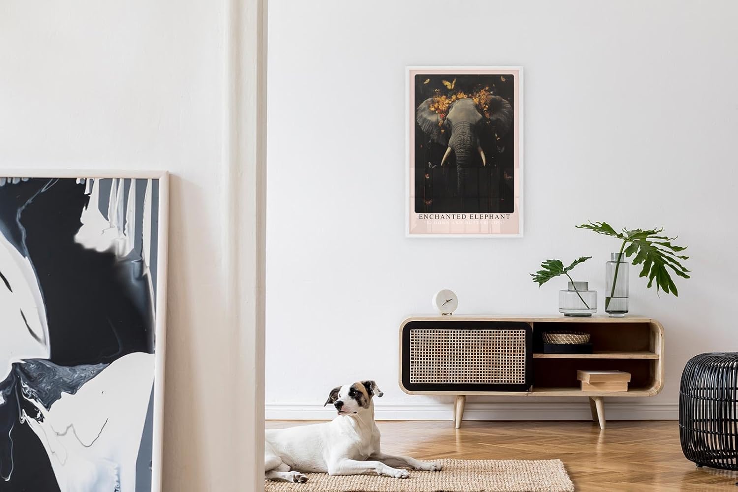 Paul Sinus Leinwandbild 60x90cm mystischer Elefant mit floraler Krone und Schmetterlingen, ausdrucksstarke Wandkunst in dunklen Tönen