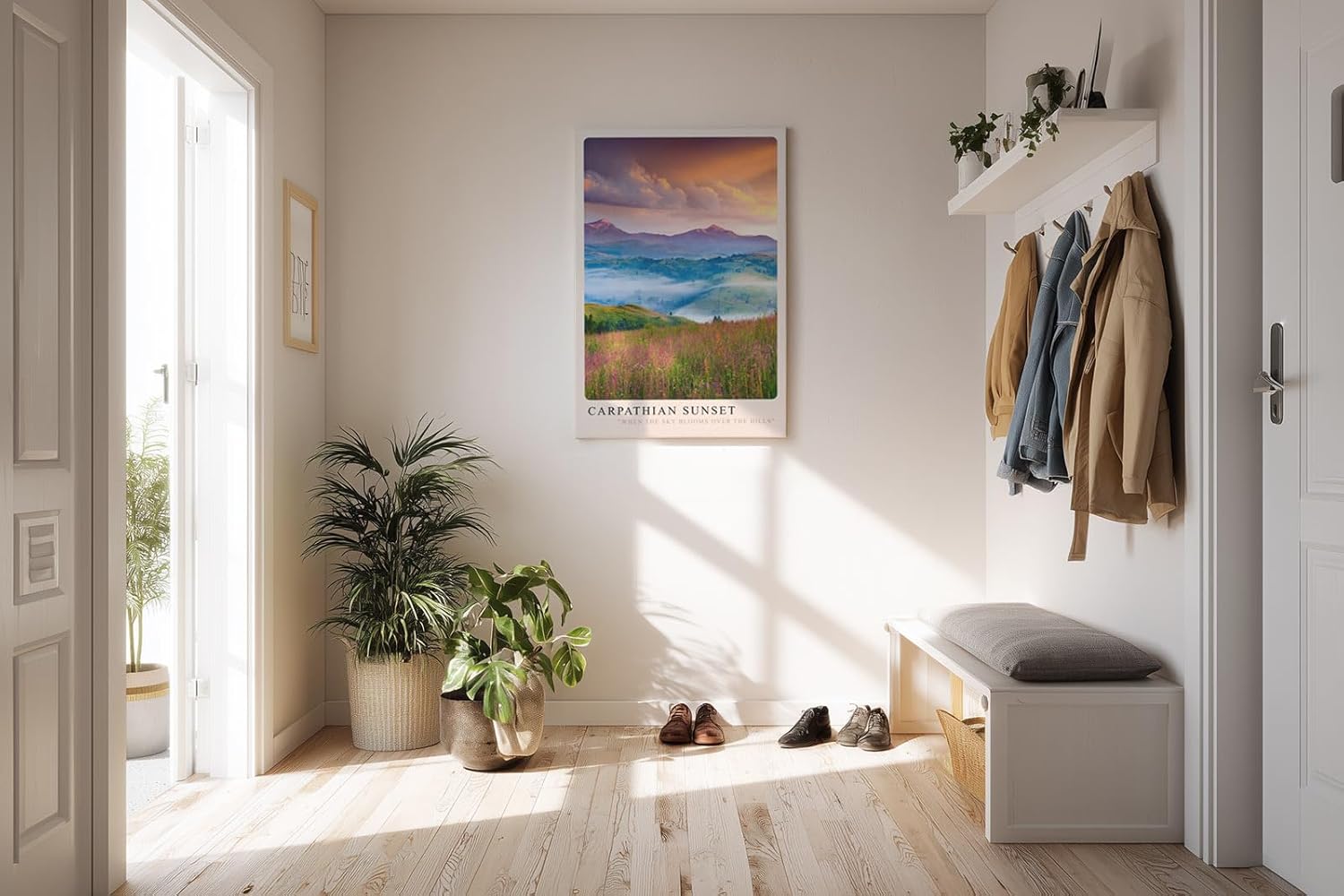 Paul Sinus Kunstdruck 40x60cm Carpathian Sunset Sonnenuntergang Berge Wiese Nebel Naturfarben Panorama