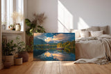 Sinus Art Wandbild 120x80cm Berglandschaft mit Boot auf ruhigem See, umrahmt von Wald und Wolken