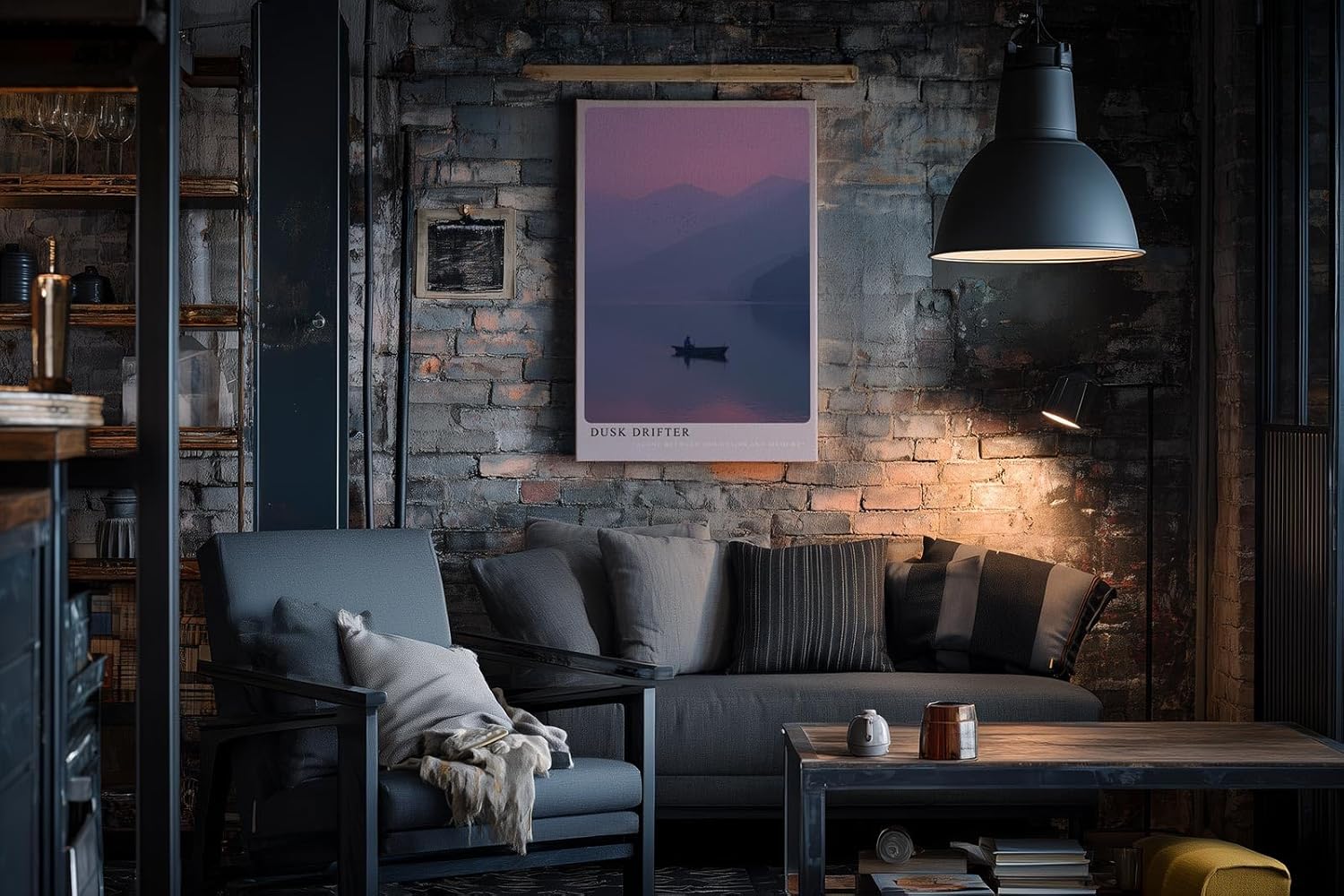 Paul Sinus Wandbild in 40x60cm Einsamer Ruderer bei Sonnenuntergang zwischen Bergketten in sanften Lilatönen