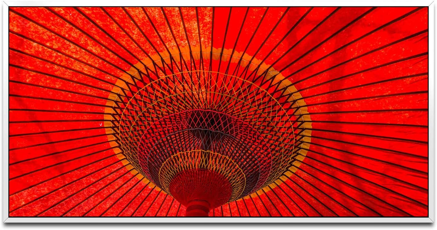Japanischer Regenschirm ca. 130x70cm Wandbild inklusive Schattenfugenrahmen weiss - Panorama Leinwand Bild XXL Format Wandbilder Wohnzimmer Wohnung Deko Kunstdrucke