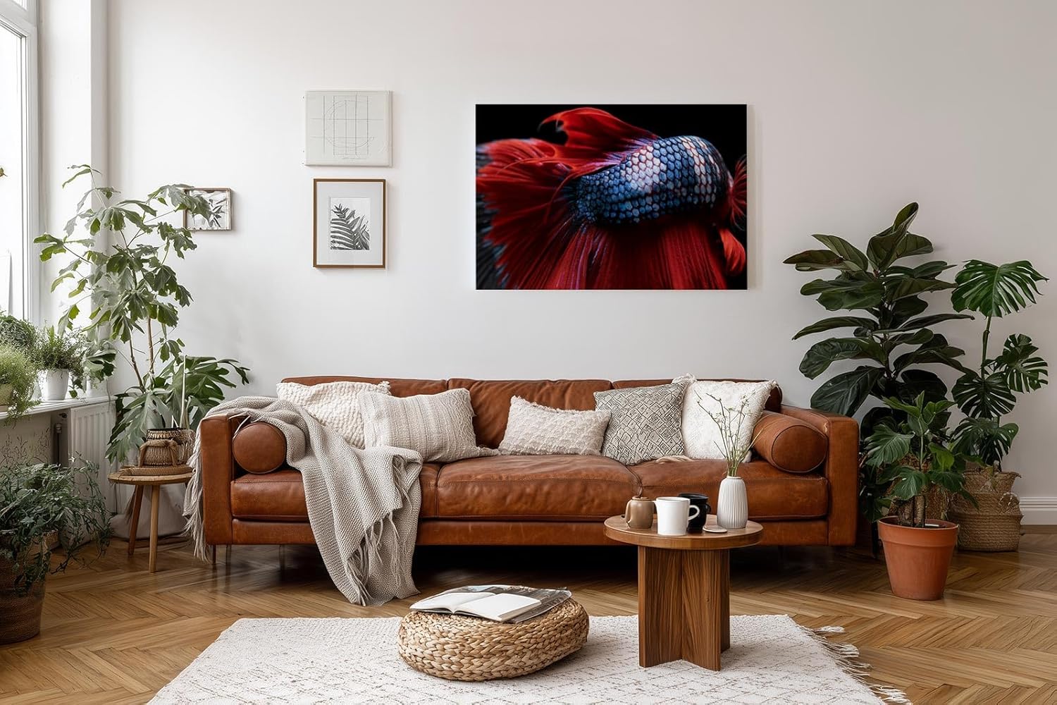 Sinus Art Wandbild 120x80cm Makroaufnahme eines Kampffischs mit leuchtend roter Flosse und glänzenden Schuppen