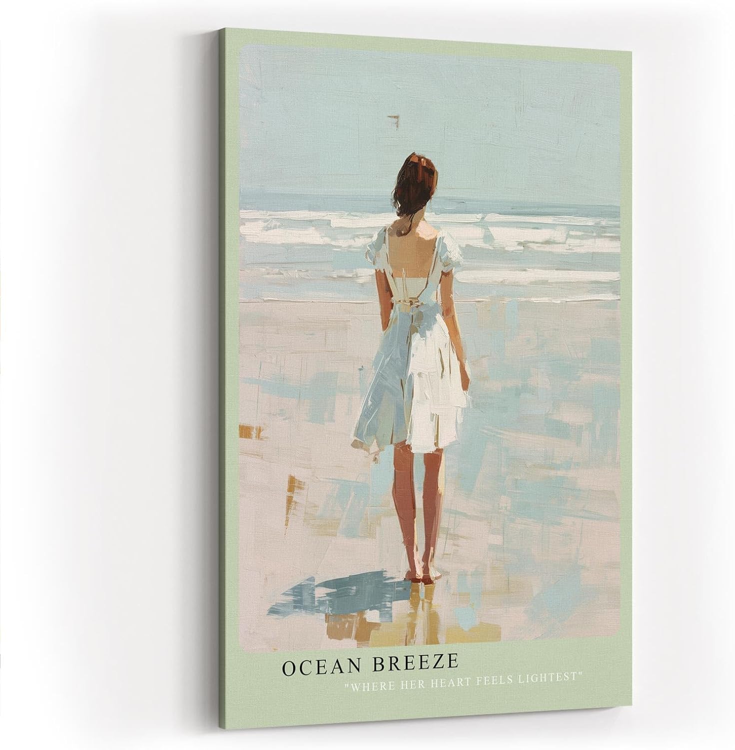 Paul Sinus Wandbild in 40x60cm Frau im weißen Sommerkleid am Meer – maritimes Küstenmotiv in impressionistischer Malweise für eine ruhige Wohnraumgestaltung