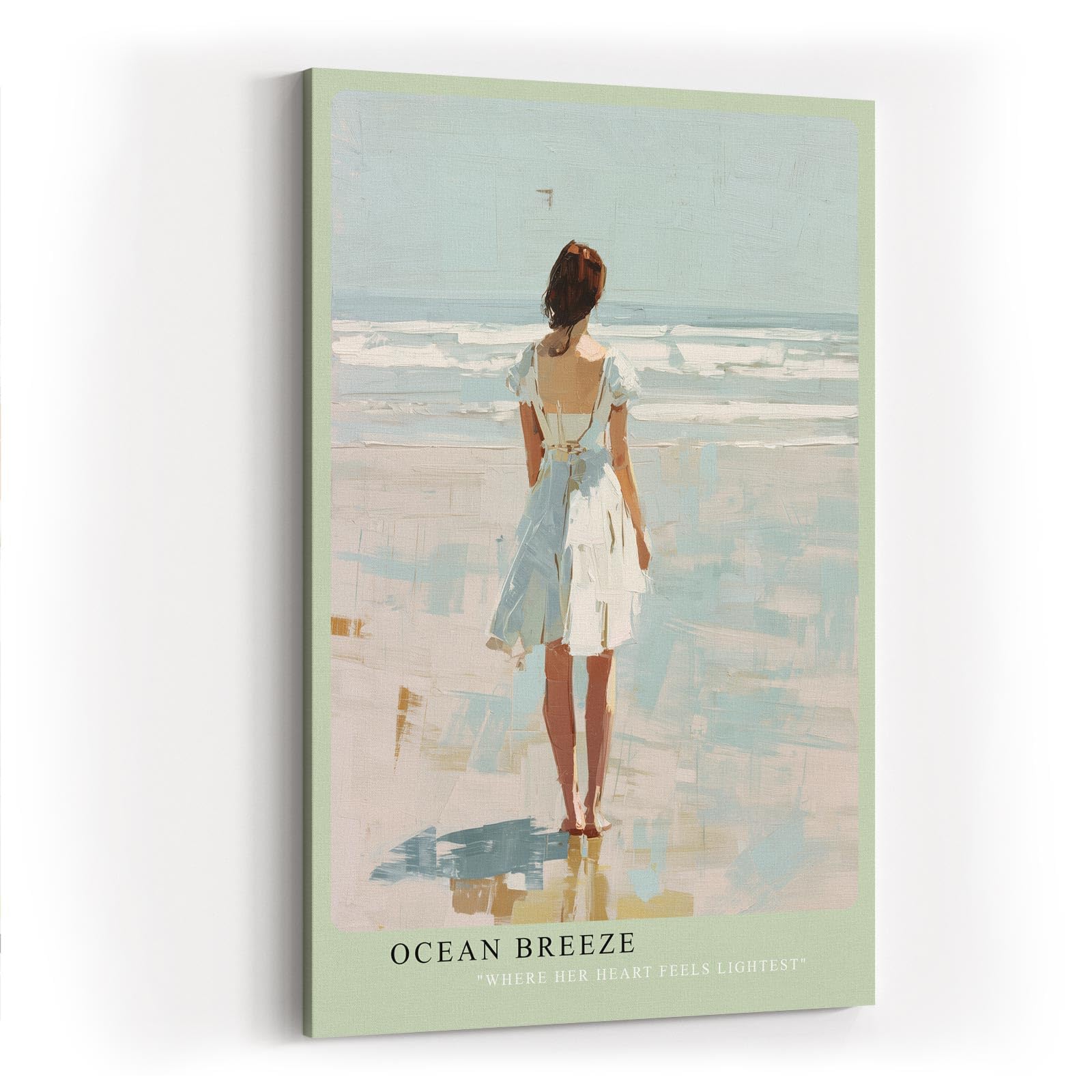 Paul Sinus Wandbild in 40x60cm Frau im weißen Sommerkleid am Meer – maritimes Küstenmotiv in impressionistischer Malweise für eine ruhige Wohnraumgestaltung