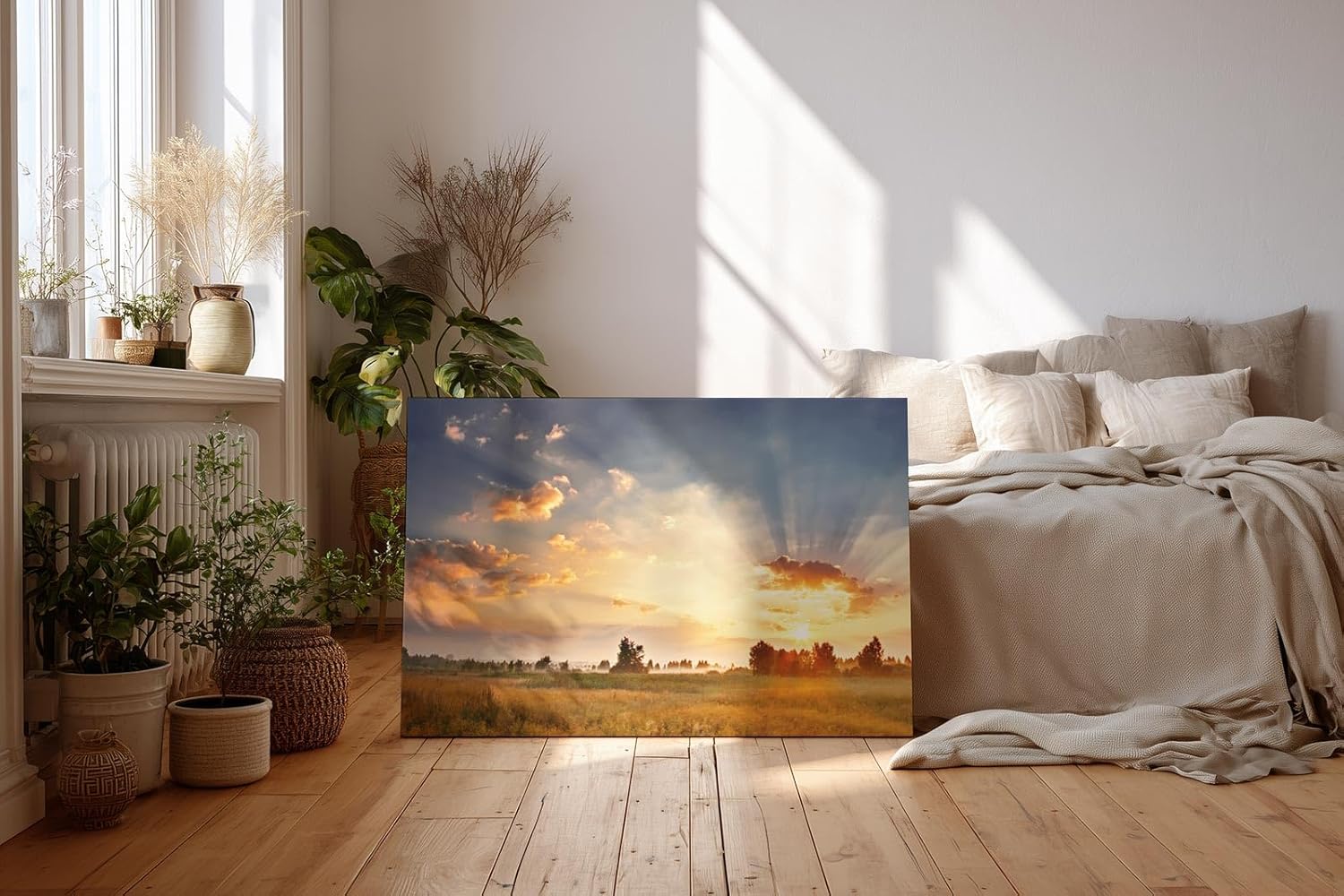 Sinus Art Wandbild 120x80cm Weite Felder im goldenen Abendlicht mit ausdrucksstarkem Himmelspanorama