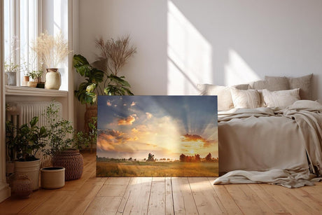 Sinus Art Wandbild 120x80cm Weite Felder im goldenen Abendlicht mit ausdrucksstarkem Himmelspanorama