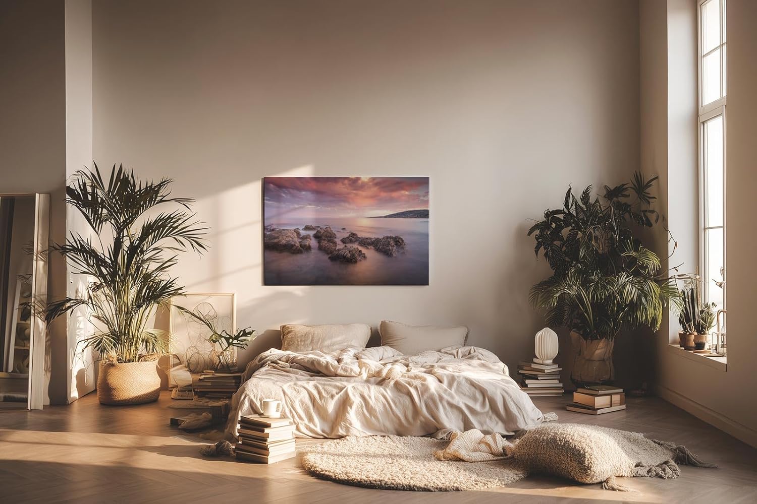 Sinus Art Wandbild 120x80cm Sanfte Wellen, Felsen im Wasser und ein farbintensiver Abendhimmel schaffen Harmonie und Weite