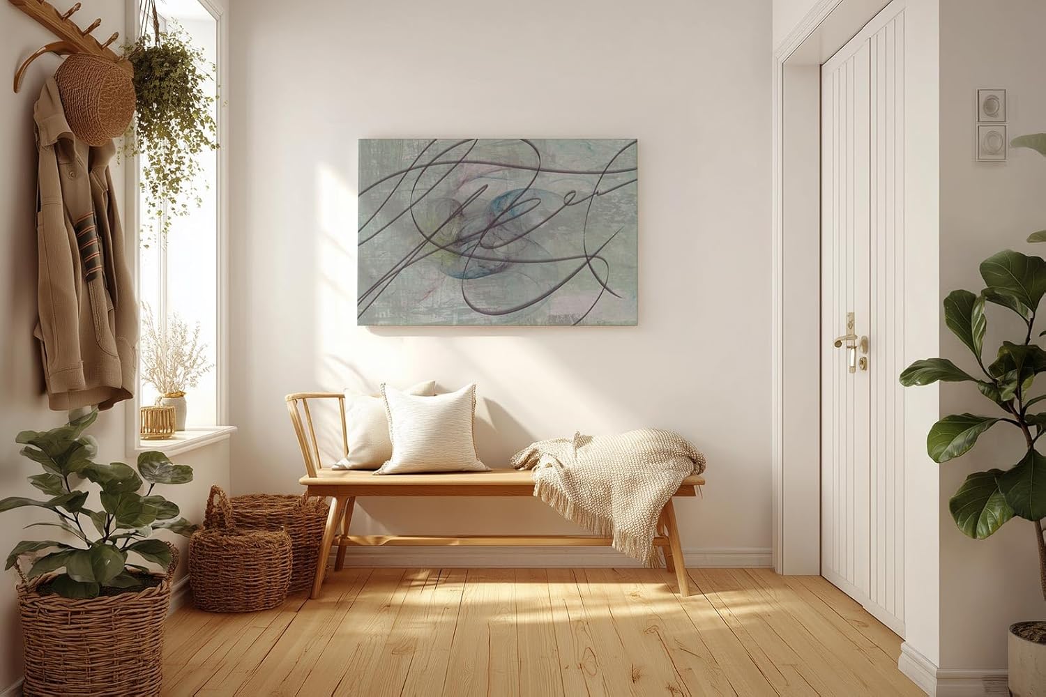 Sinus Art Wandbild 120x80cm Dynamische Linienführung auf grauer Fläche mit Pastelltönen in Blau, Rosa und Grün