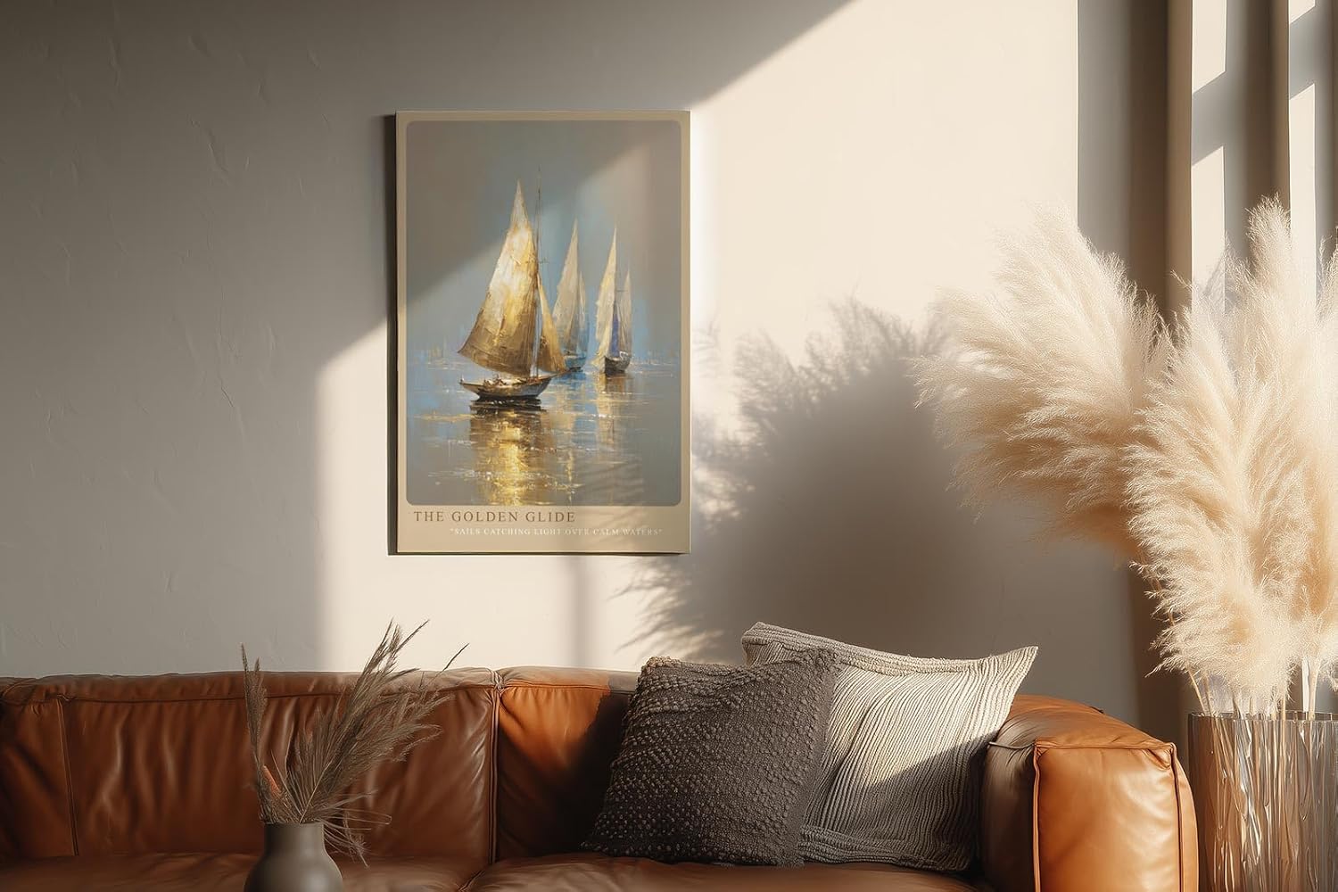 Paul Sinus Wandbild in 40x60cm The Golden Glide – Goldene Segelboote auf ruhigem Wasser im warmen Licht